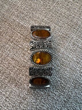 Silver-Tone Stretch Bracelet with Amber Oval Stones